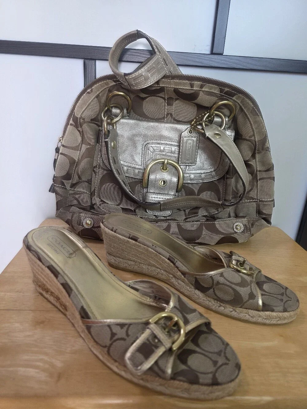 Classic Coach Signature Canvas Mini Satchel & Wedge Sandals Size 11 - Khaki/Tan